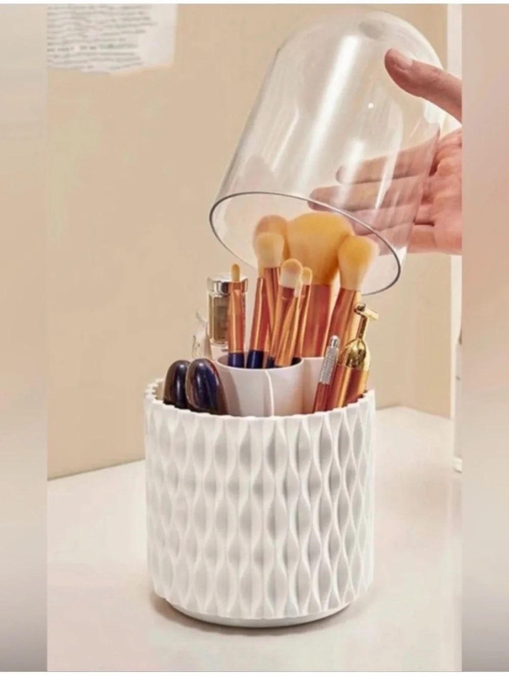 Rotating White Cosmetic Organizer with Clear Dome